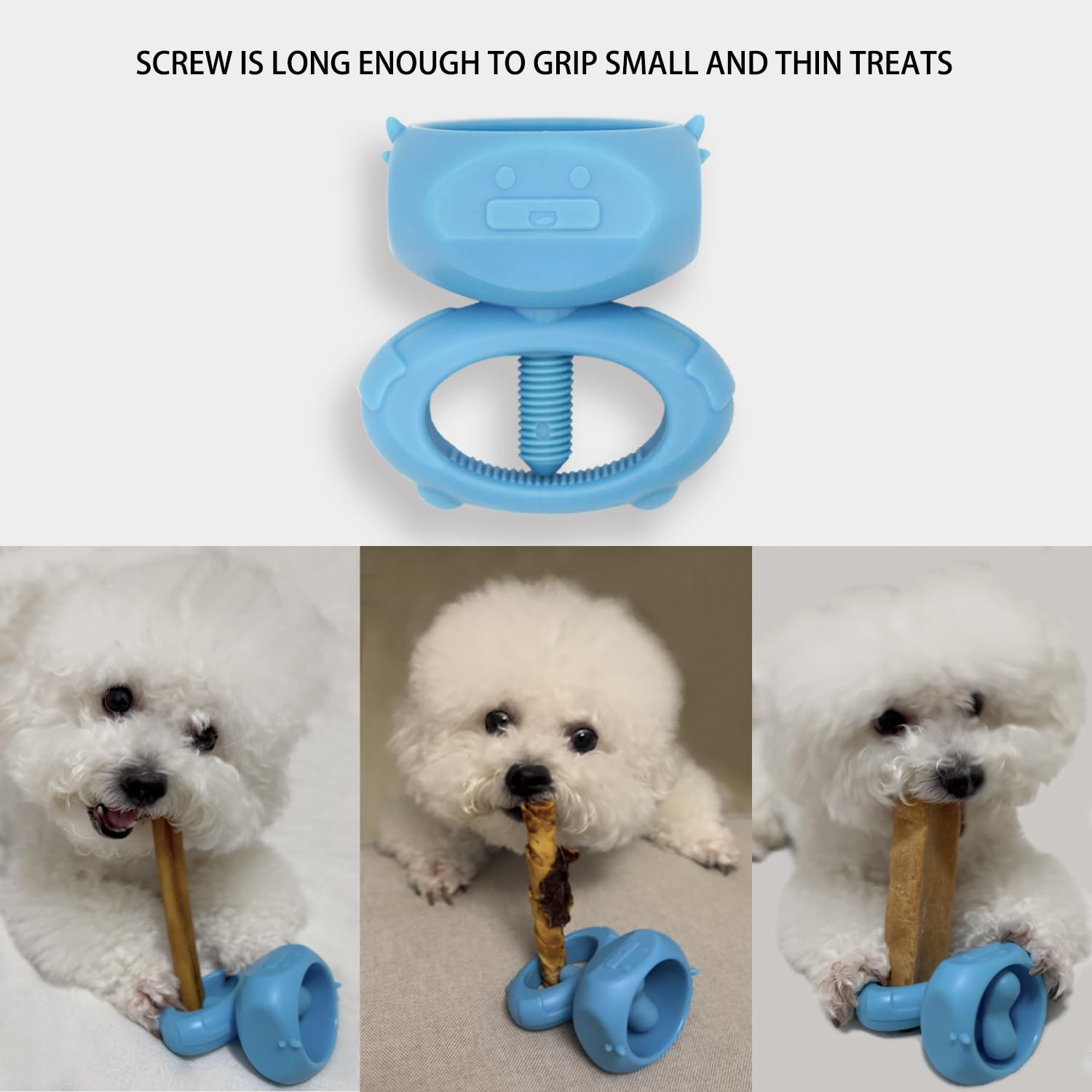 BoniVet chew holder in use with small dog demonstrates choking prevention in action