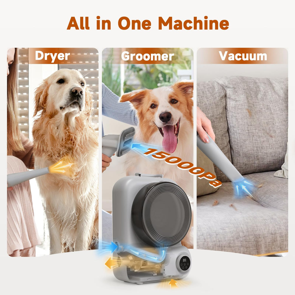 BONJELA dog grooming vacuum storage compartment keeps attachments organized.