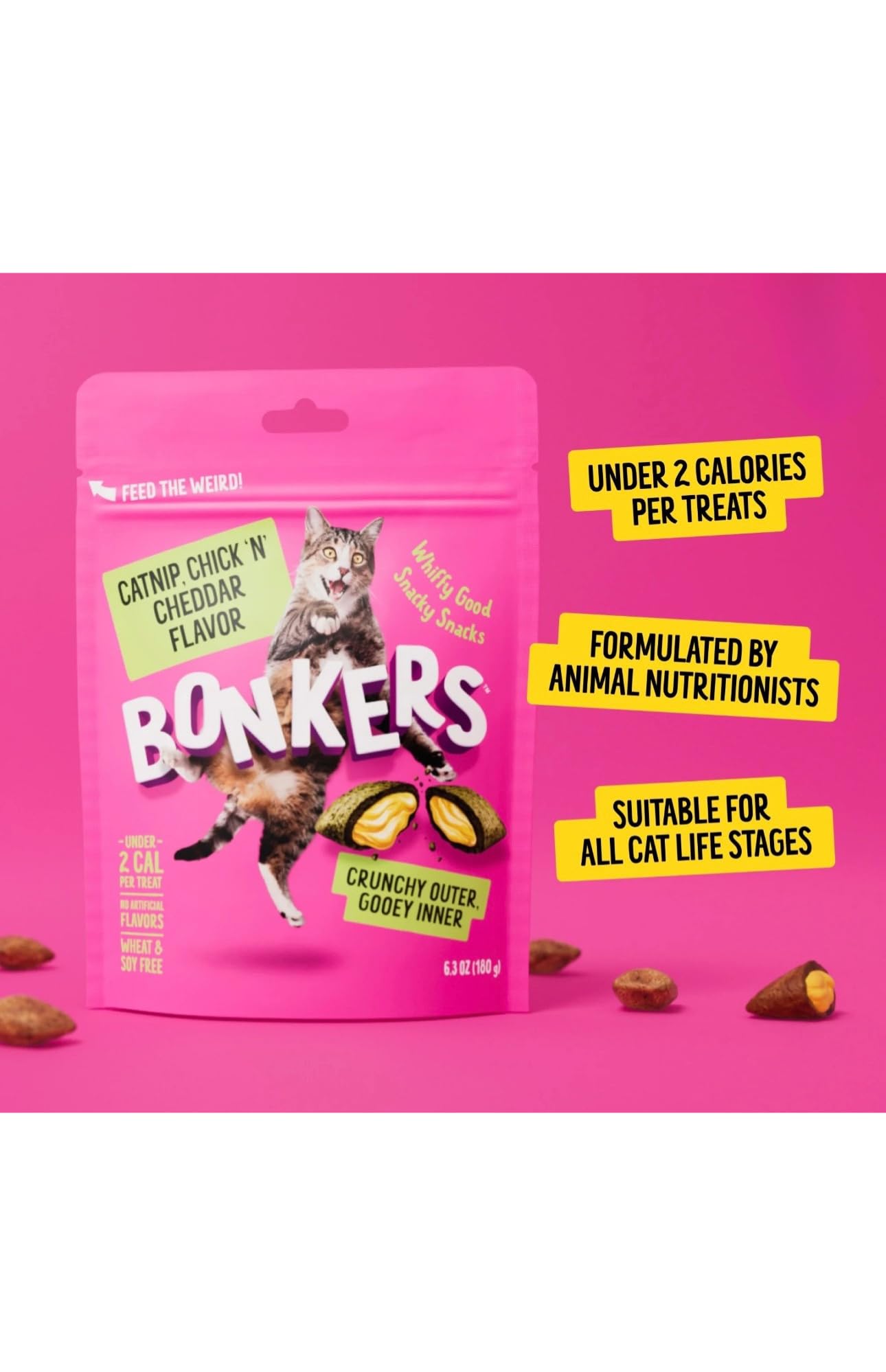 Bonkers cat treats chicken-cheddar flavor appeals to curious cats