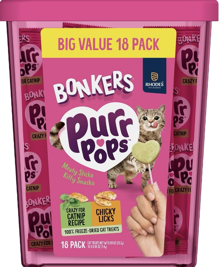 Bonkers Purrpops chicken-catnip freeze-dried heart-shaped treats for flavor variety
