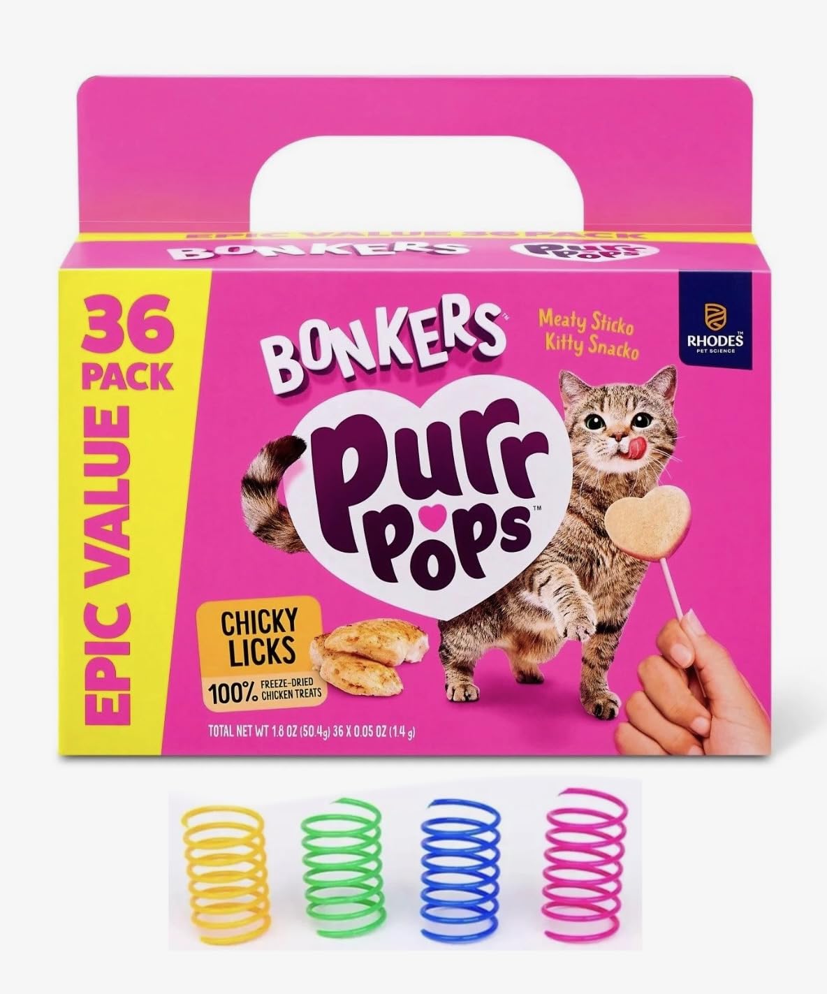 Bonkers Purrpops stick-treat on-lollipop showing freeze-dried chicken for a protein rich snack