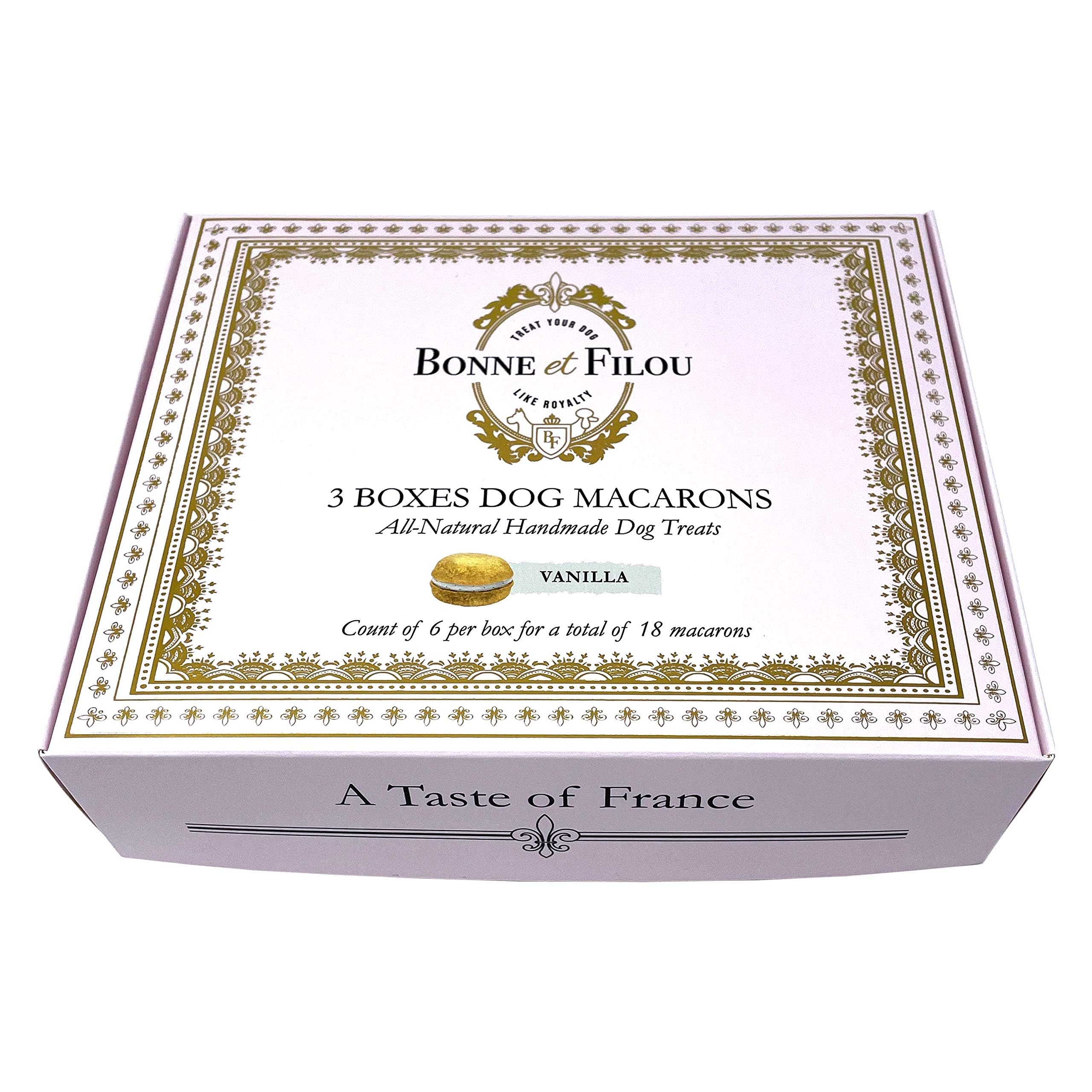 Bonne et Filou 18-count box of vanilla macarons shown on shelf