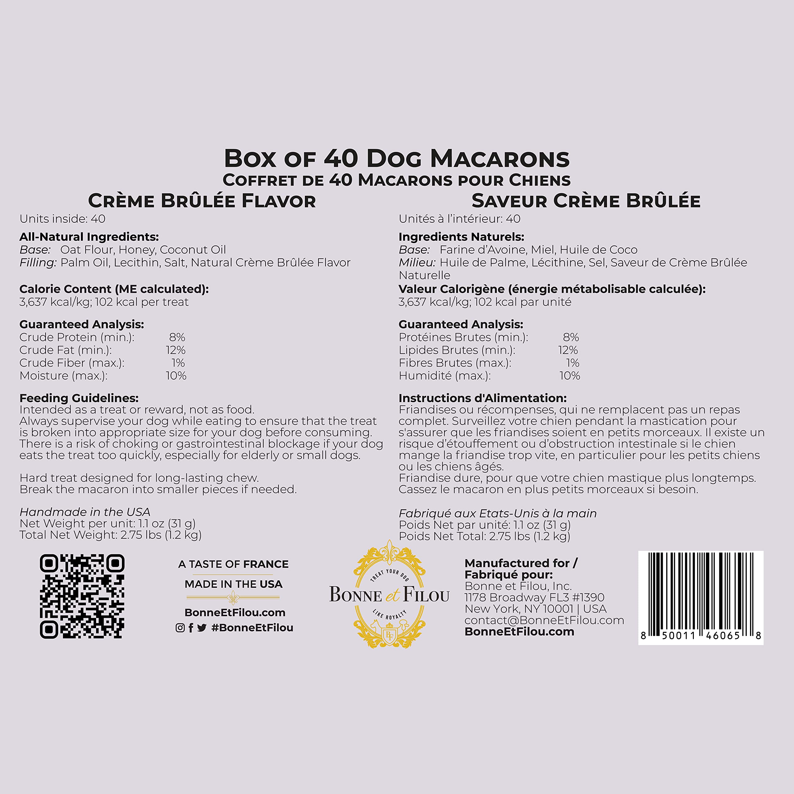 Bonne et Filou 40-count box nutrition info — bulk pet snacks for celebrations.