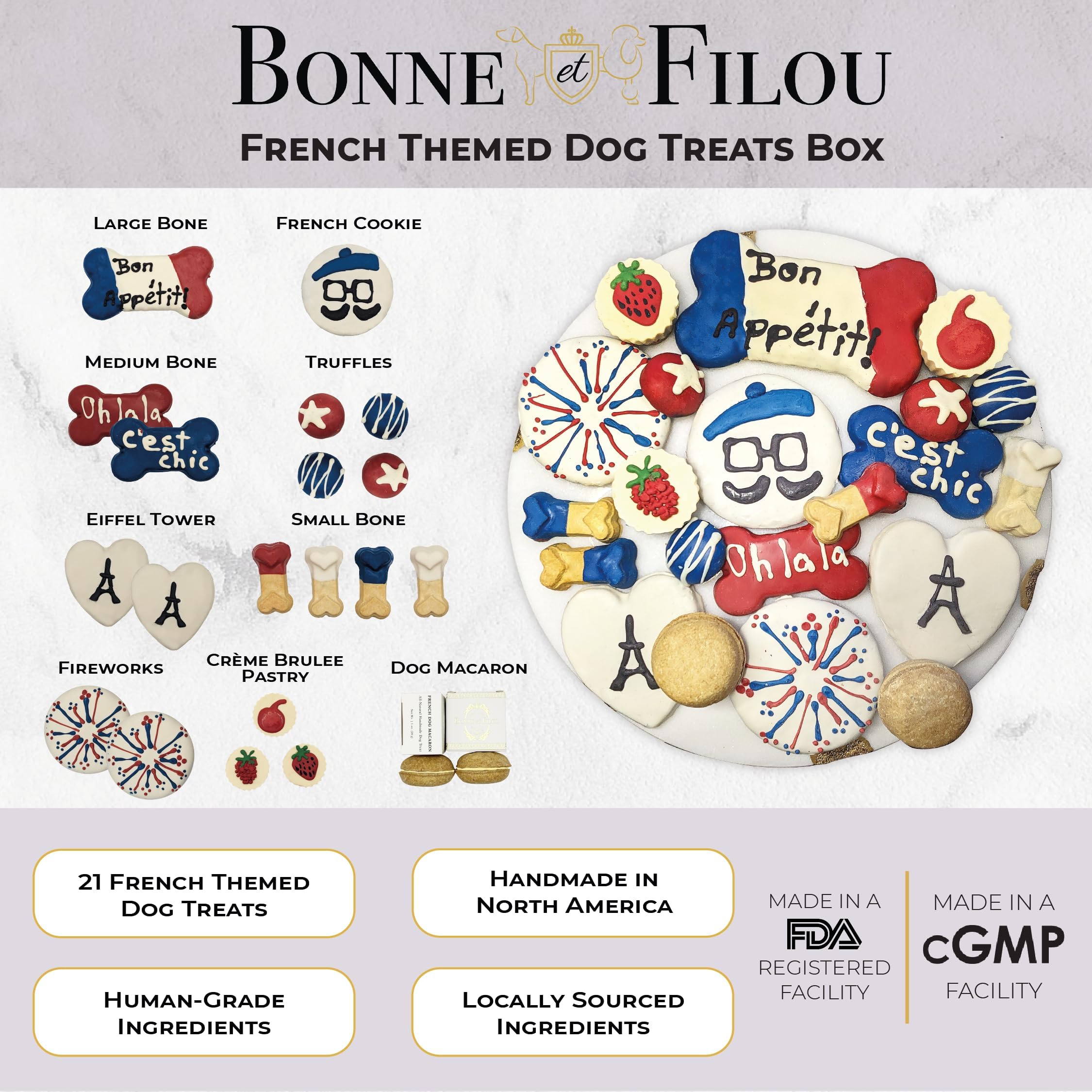 Bonne et Filou dog macarons and truffles close-up for premium treat moments.