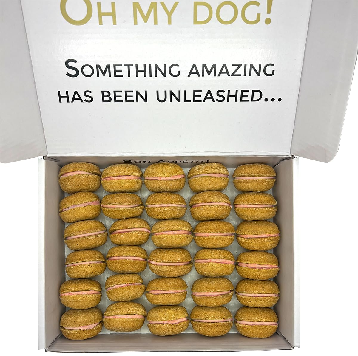 Bonne et Filou pumpkin flavored dog macarons closeup, tasty seasonal treat for dogs.