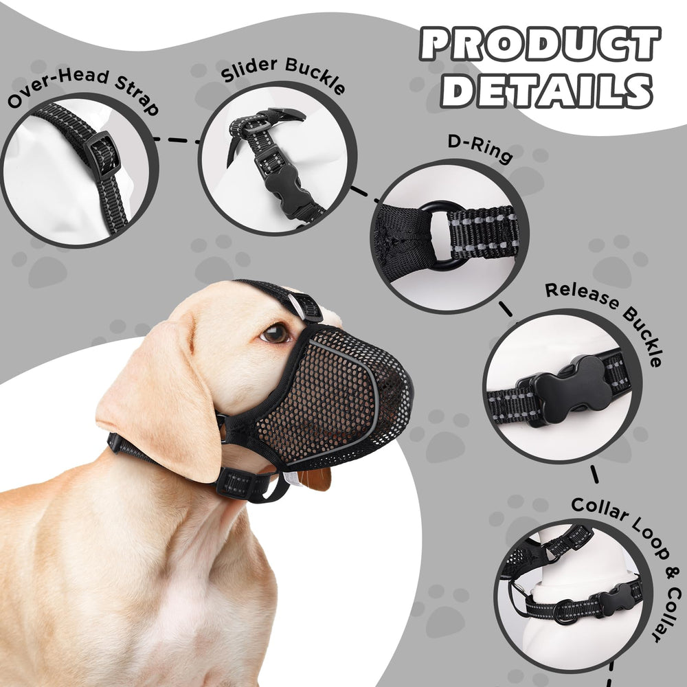 BONTHEE dog muzzle shows adjustable neck and forehead straps for a secure fit.
