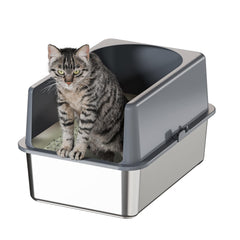 Booche high-sided stainless steel cat litter box with wide entry for easy cat maneuvering.