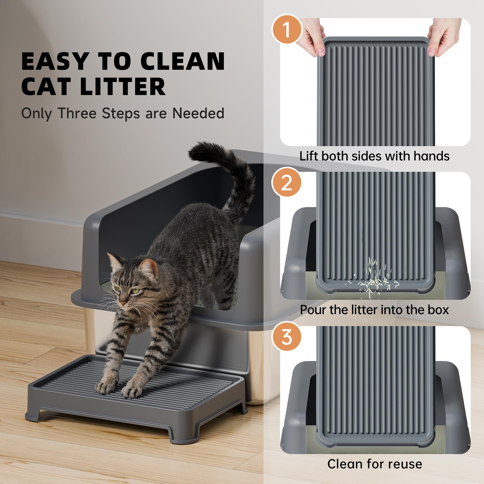 Booche litter box hooded-fit example demonstrates wide coverage to contain messes.