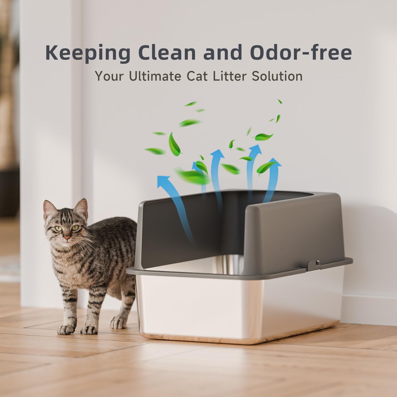 Booche stainless steel litter box with lid helps keep litter contained and minimizes mess.