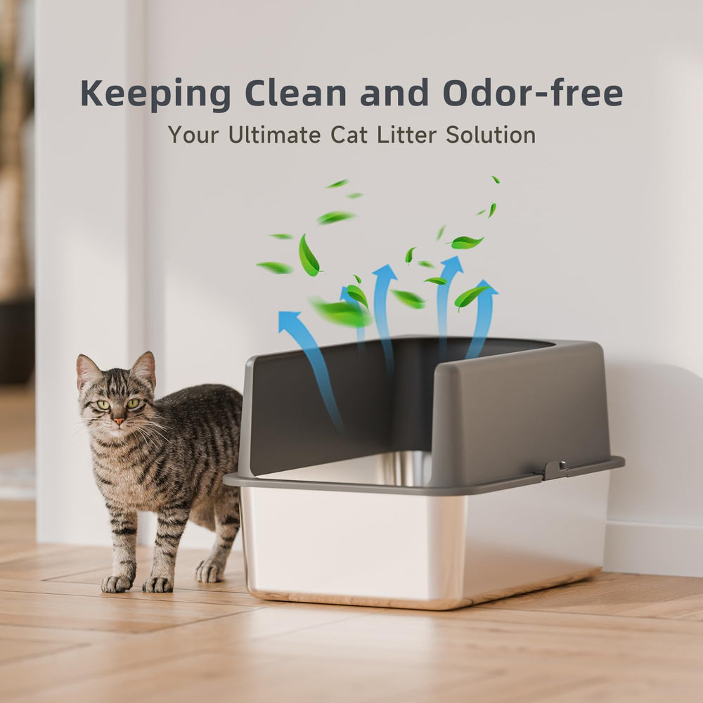 Booche stainless steel litter box with lid helps keep litter contained and minimizes mess.