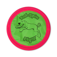 Booda Tail-Spin Flyer 12-inch in flight, soft fabric for gentle catches and long-lasting outdoor play.