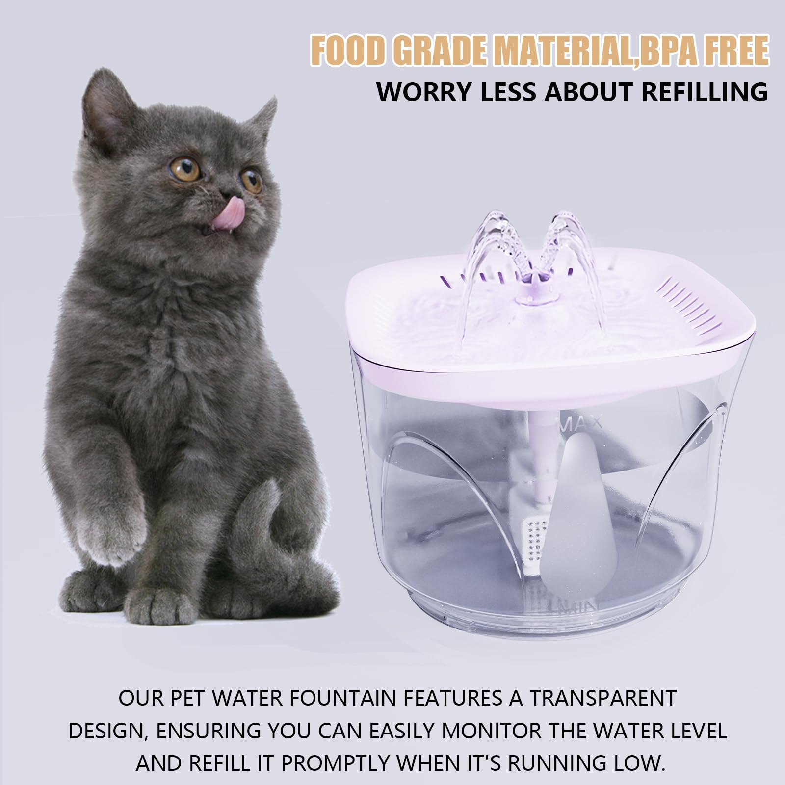 BOODIDI cat fountain transparent design shows water level