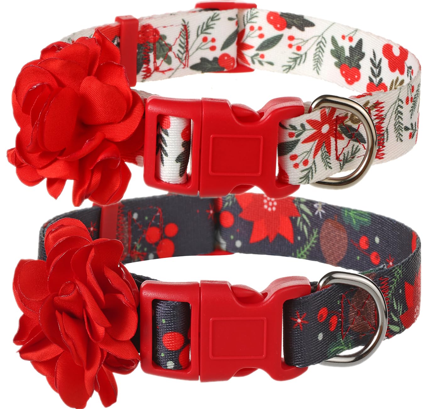 BoomBone Christmas dog collar with removable red flower for festive photos.