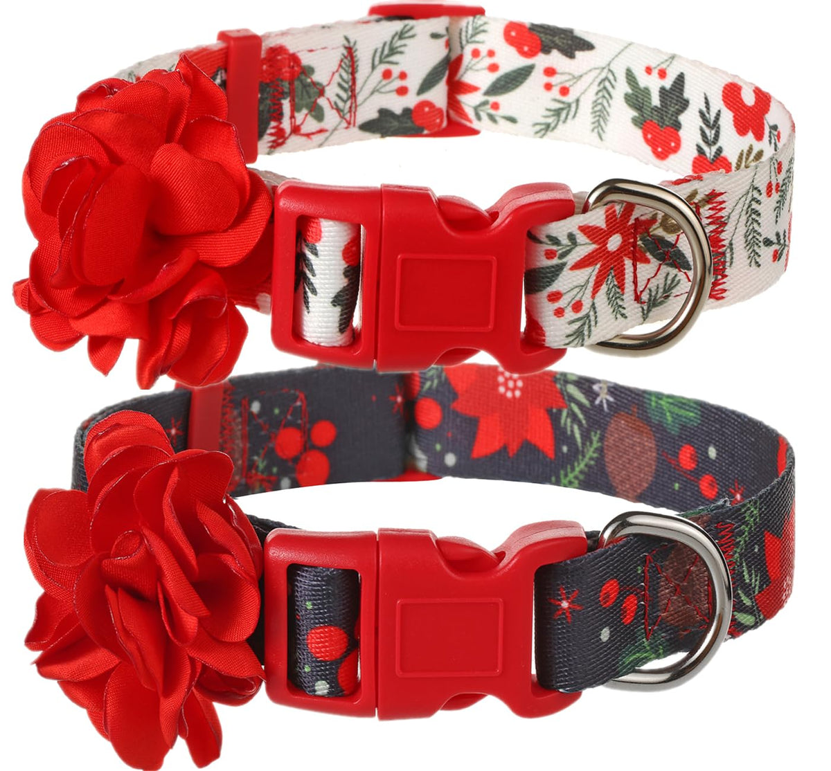 BoomBone Christmas dog collar with removable red flower for festive photos.
