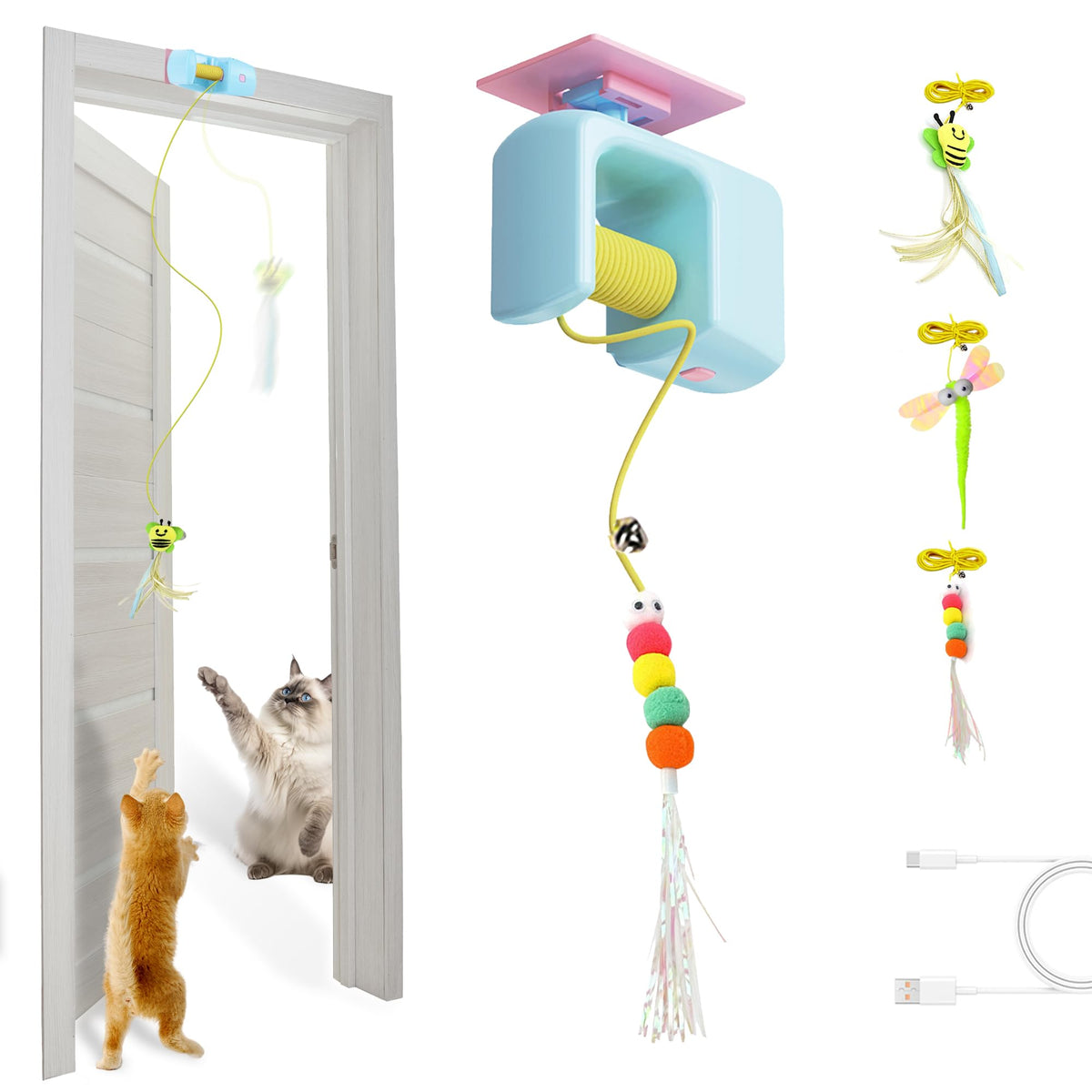 Booteely hanging cat toy with three feathers entices kittens to chase.