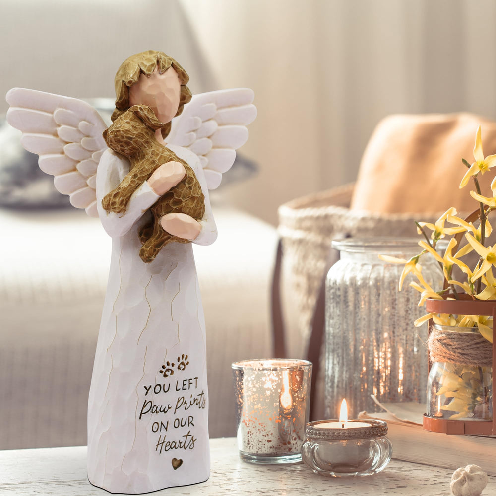 BORLESTA dog memorial angel figurine shelf-scene offers warm tribute on a mantel or bookcase
