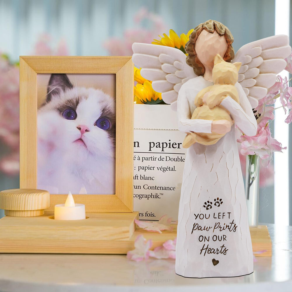 BORLESTA yellow angel cat sculpture for mantel display and lasting remembrance