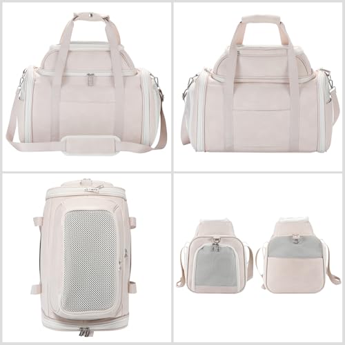 Bosnanller carrier beige expandable top opened to reveal extra space for pets