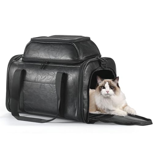 Bosnanller premium leather top expandable pet carrier, front view, durable travel-friendly design.