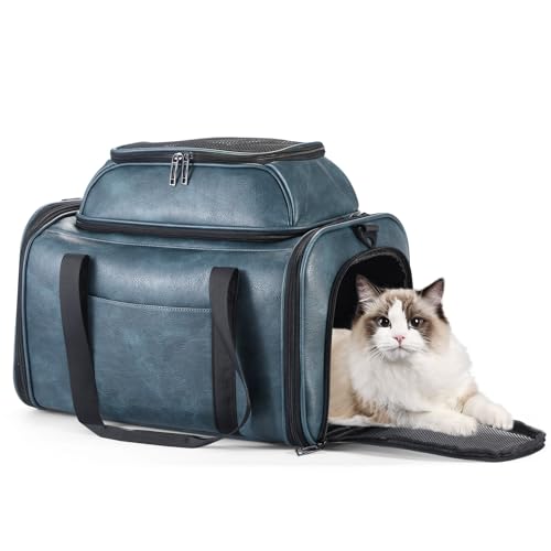 Bosnanller vegan leather carrier, front view, expandable top ideal for extra pet space.