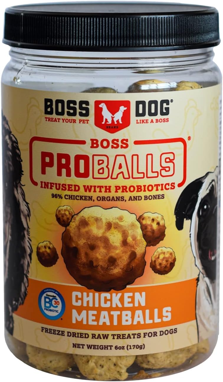Boss Dog Boss ProBalls chicken treats in a jar, ideal for training rewards.