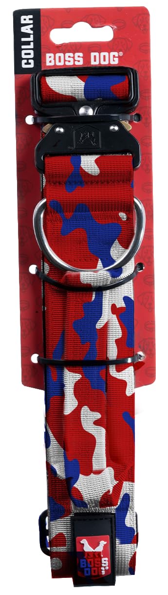 Boss Dog tactical collar in red white blue camo on an XL dog for bold outdoor style