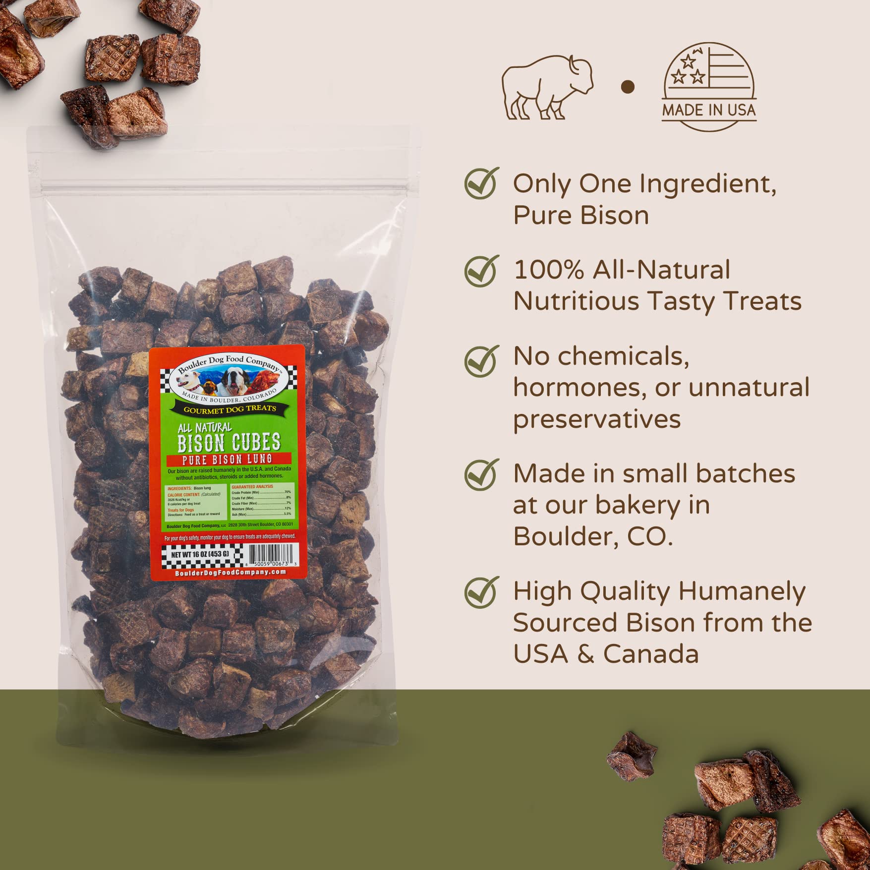 Grain-free Bison Cubes treats for dogs with sensitivities