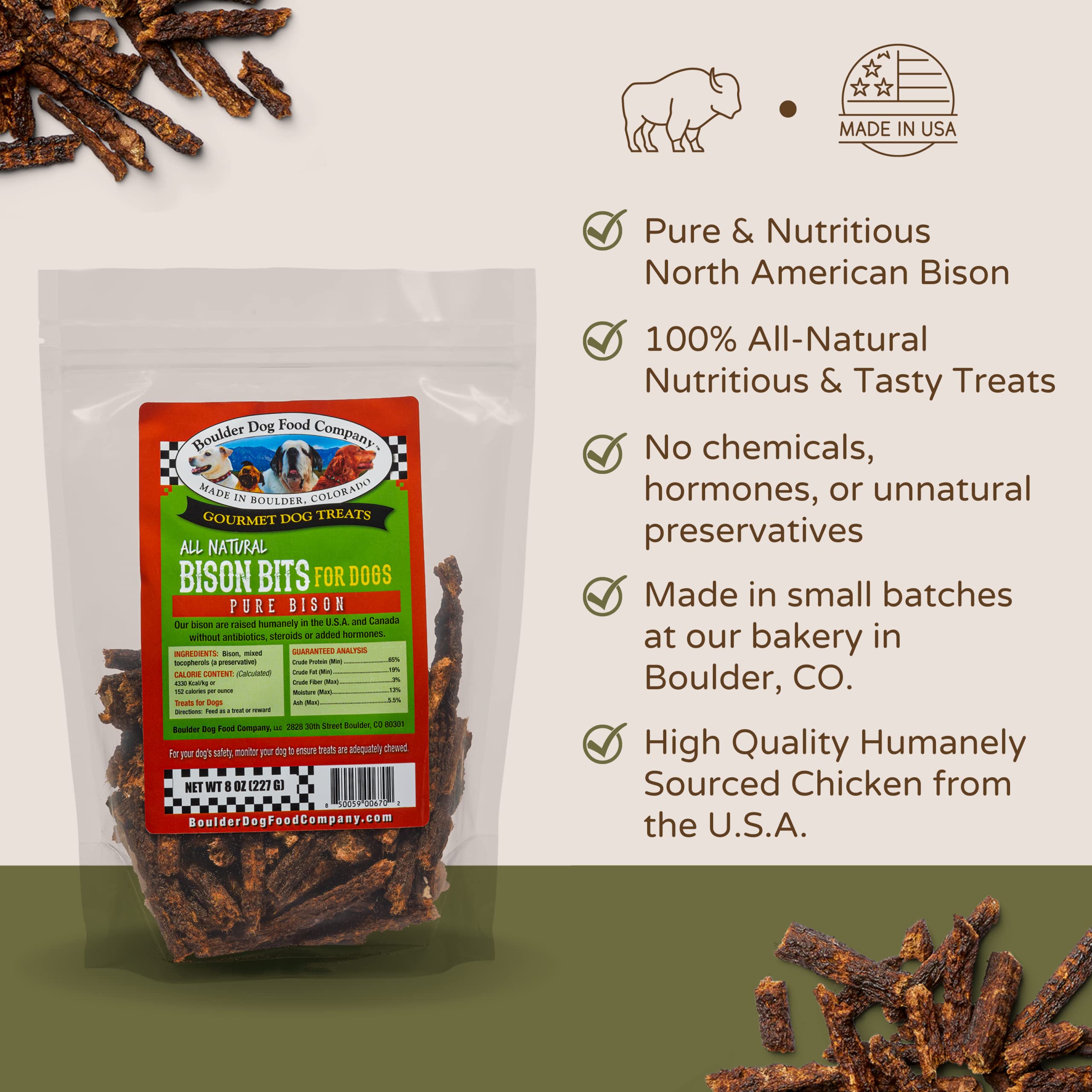 Boulder Dog Food Company Bison Bits treat texture close-up protein-rich snack