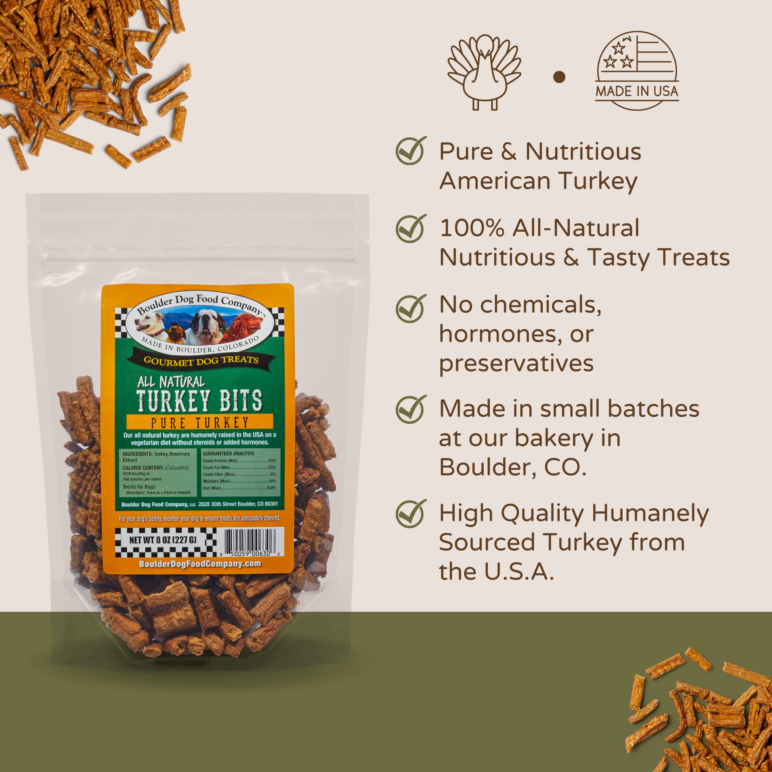 Boulder Dog Food Company Turkey Bits ingredients close-up showing grain-free formula