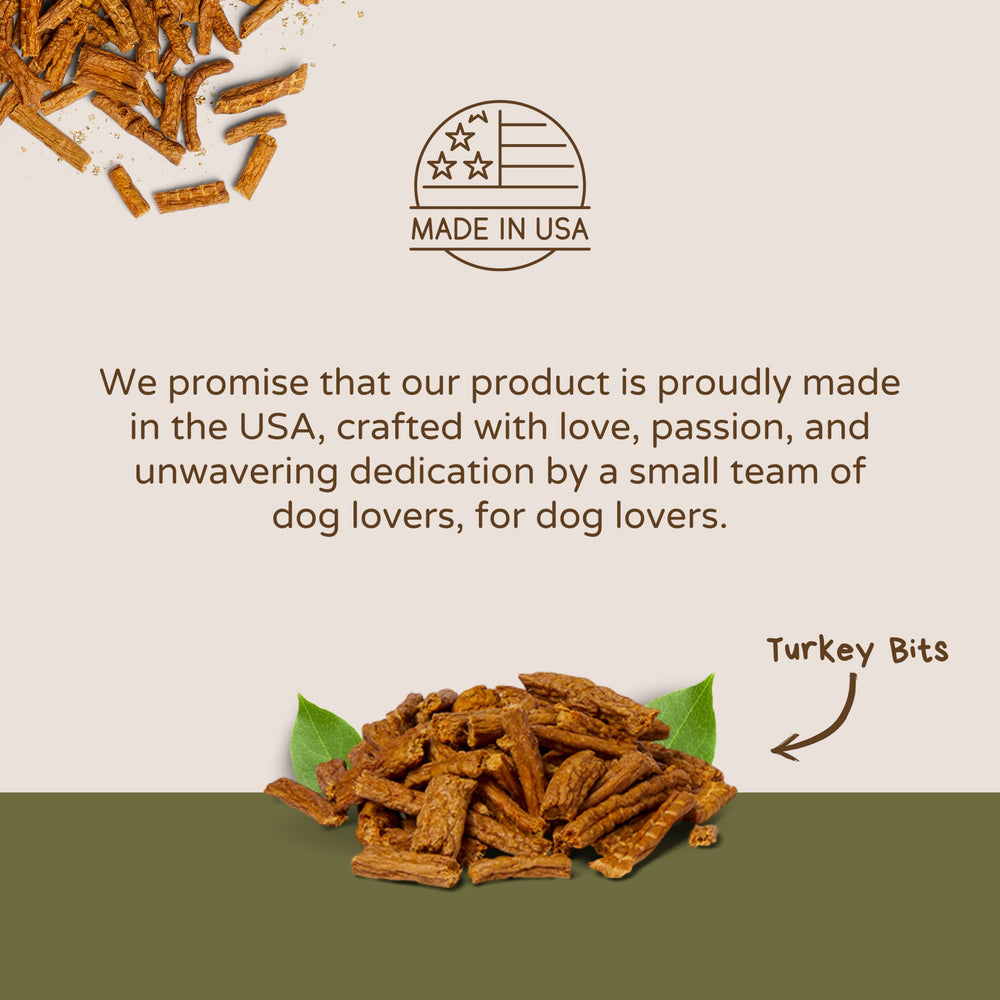 Boulder Dog Food Company Turkey Bits US-made label emphasizing ethical sourcing and hormone-free meat