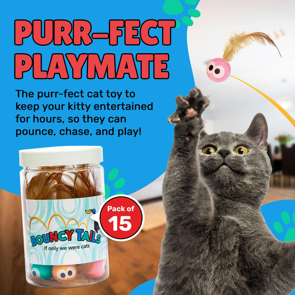 Bouncy Tails cat ball toy eye design highlights inviting, playful impulse for kittens and adults.
