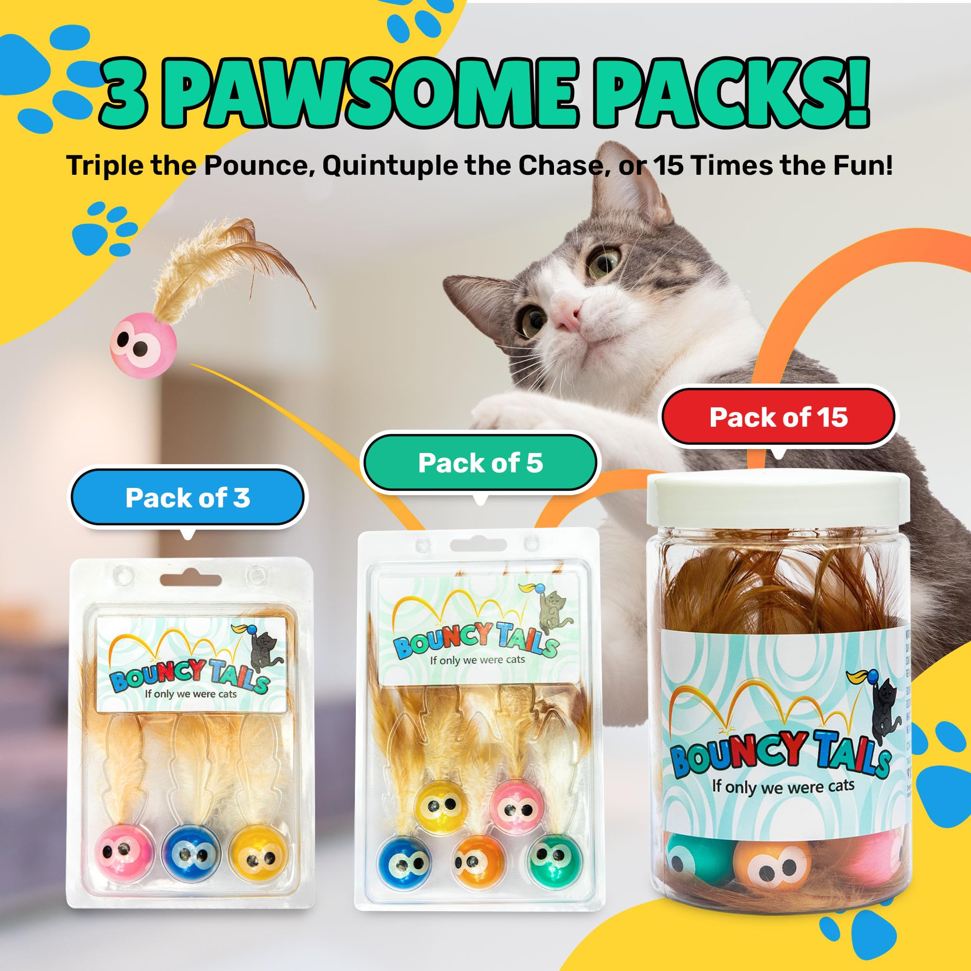 Bouncy Tails cat ball toy indoor play promotes safe, interactive bonding between cat and owner.