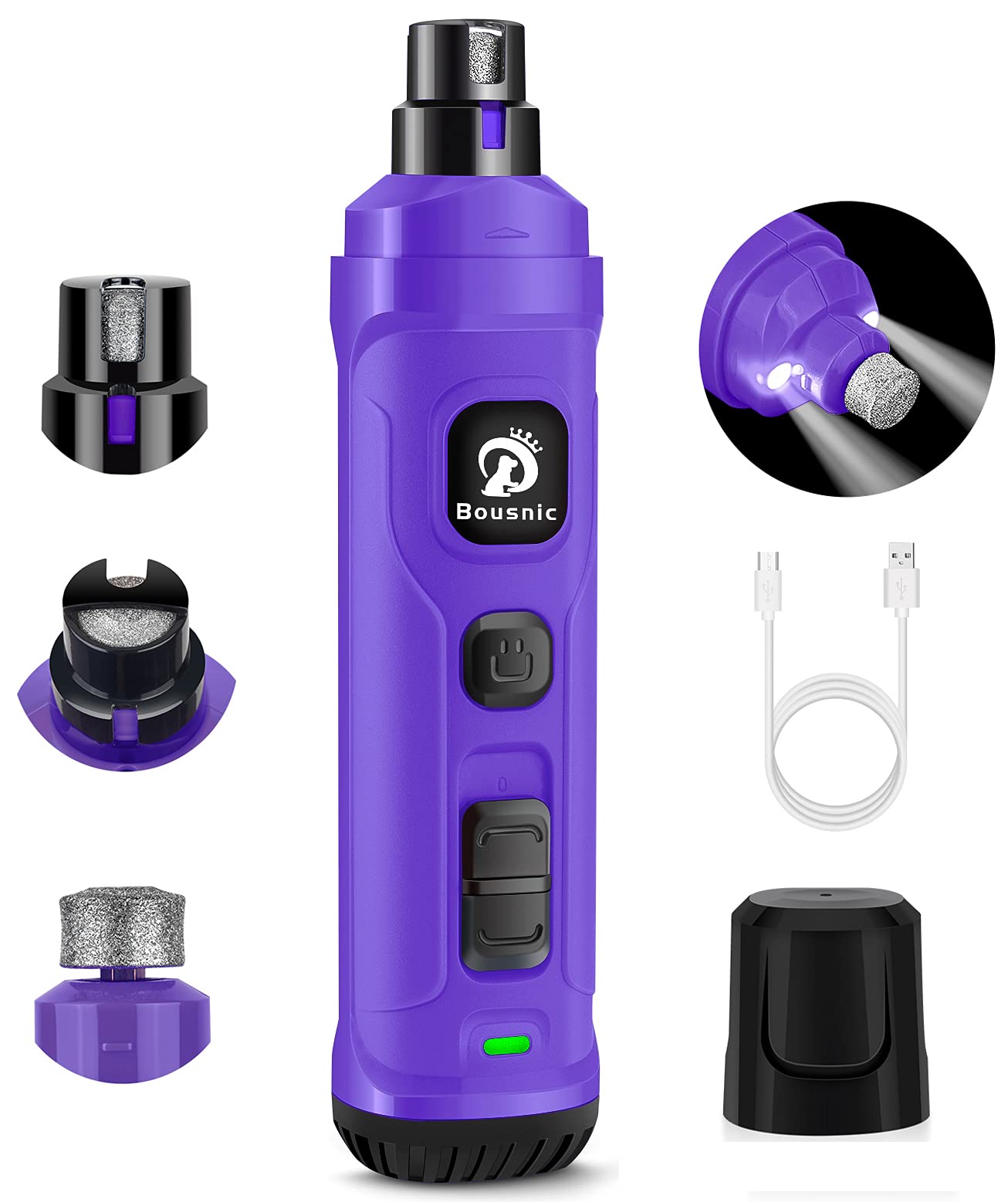 BOUSNIC dog nail grinder with LED light—front view for precise trimming.