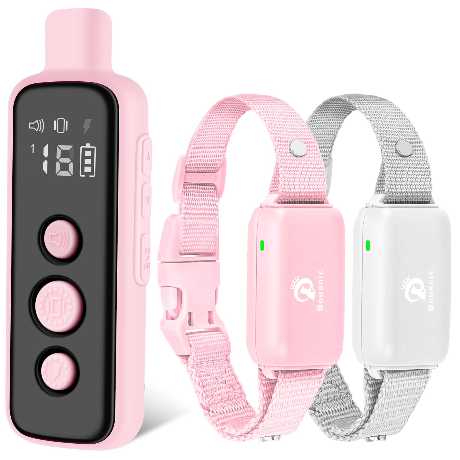 BOUSNIC dog shock collar remote for two dogs enabling dual training sessions.