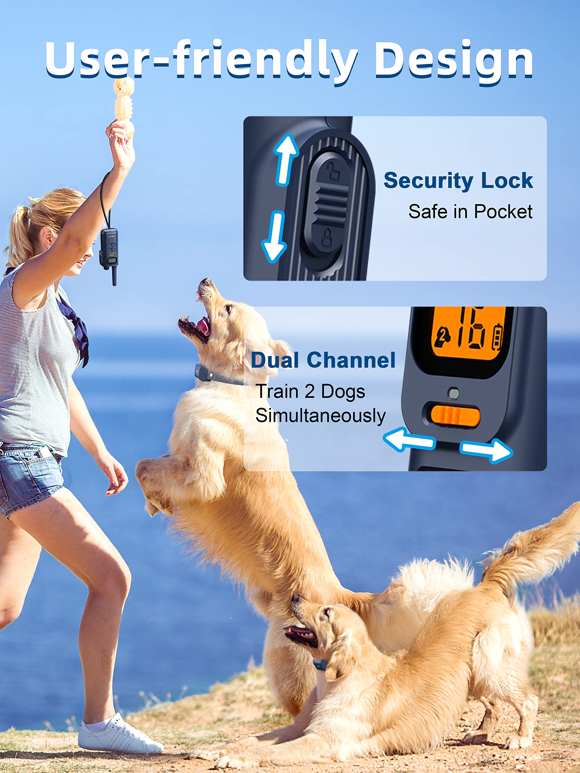 BOUSNIC training modes beep, vibration, and adjustable shock for humane feedback.