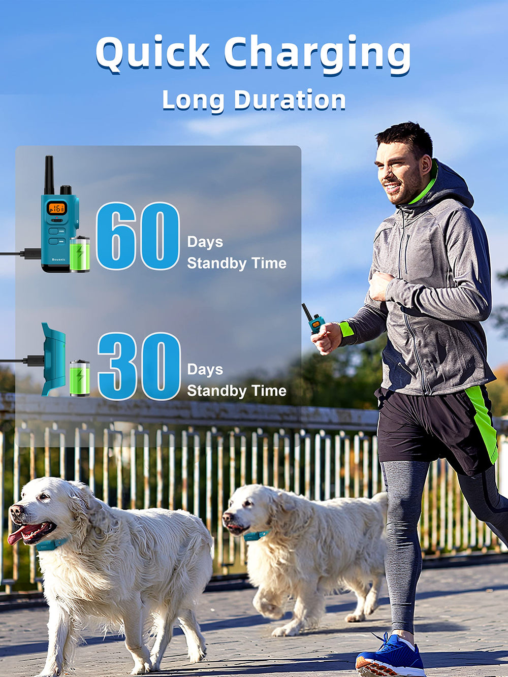 Bousnic extended-range antenna enhances command reach across larger outdoor spaces.