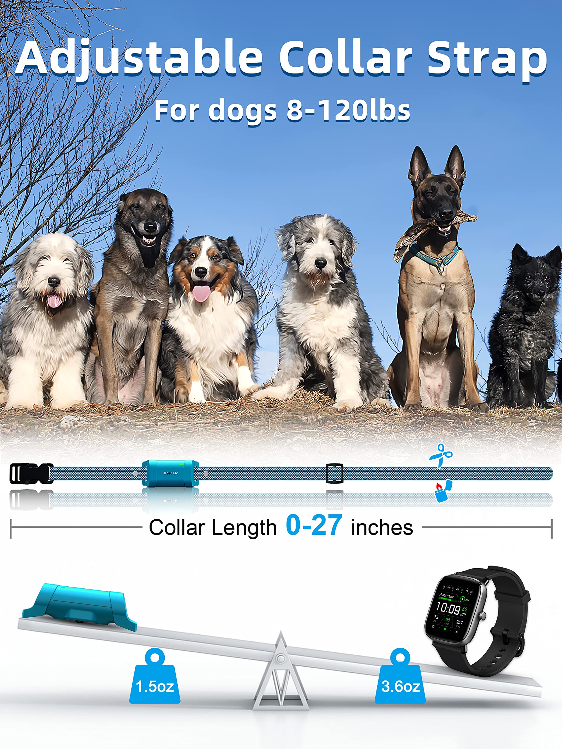 Bousnic USB charging ensures collar and remote stay ready for extended training sessions.