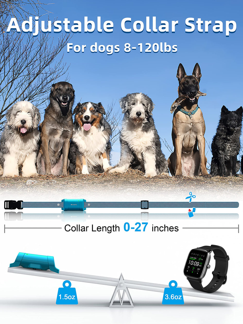 Bousnic USB charging ensures collar and remote stay ready for extended training sessions.