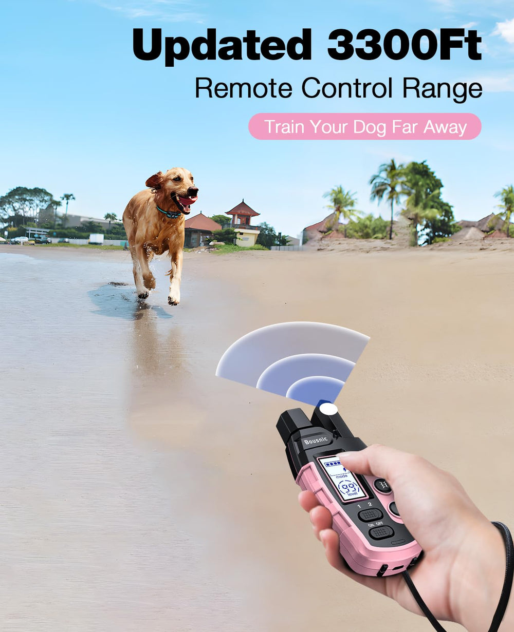 Bousnic training collar remote with adjustable beep, vibration, and shock modes for tailored sessions.