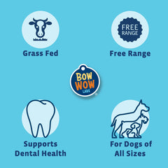 Bow Wow Labs bully sticks in use: dog happily chews while supporting dental health.