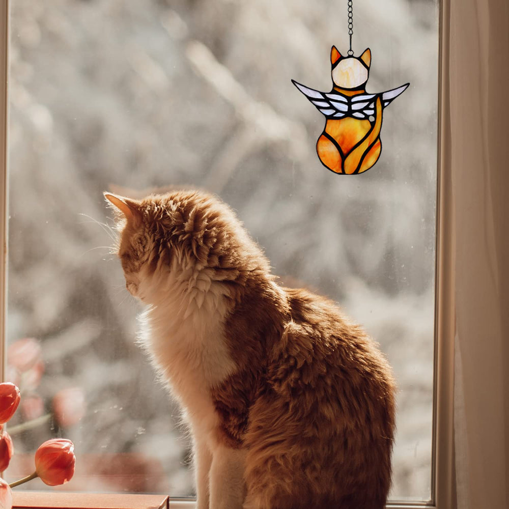 BOXCASA angel cat memorial on window captures sunlight and sentiment