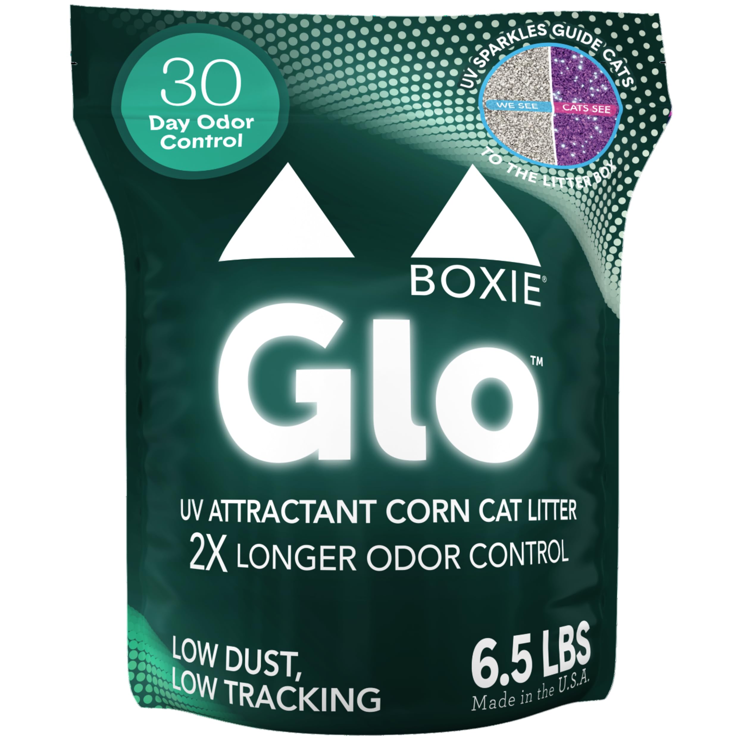 Boxiecat Glo litter bag close-up showing natural corn composition for easy scooping
