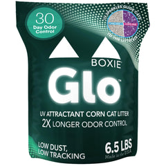 Boxiecat Glo litter bag close-up showing natural corn composition for easy scooping