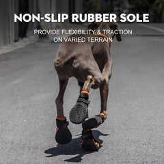 BoxxBerk dog boots with reflective strips for nighttime visibility.