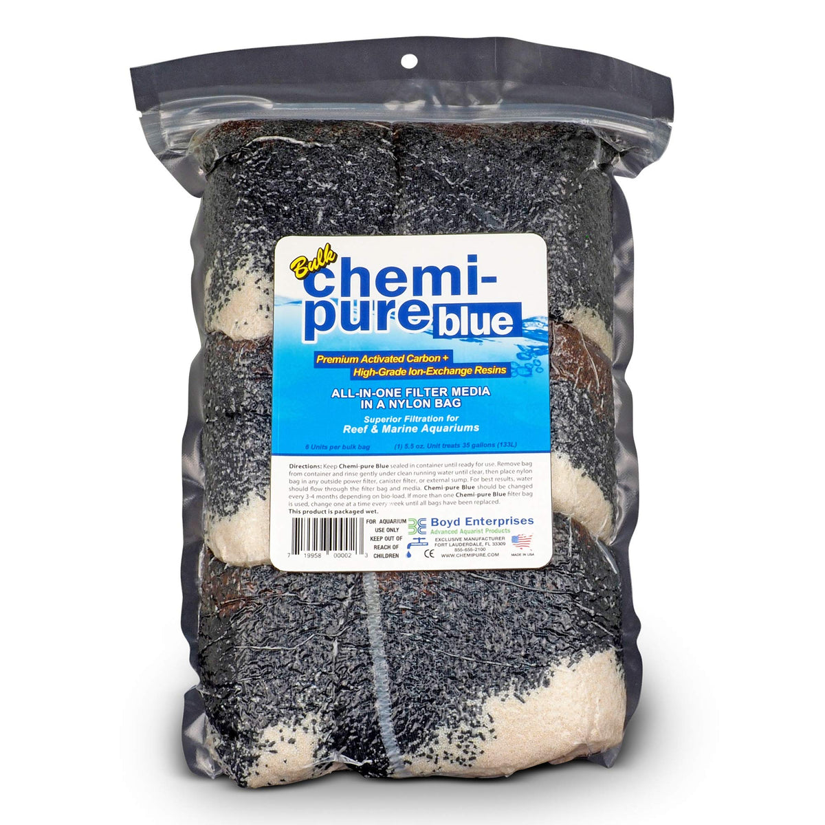 Boyd Chemi-Pure Blue bulk 6-pack packaging showing moisture-preserved media for immediate filter use.