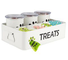 Brabtod 28oz metal dog treat containers 3-pack on countertop for organized storage.