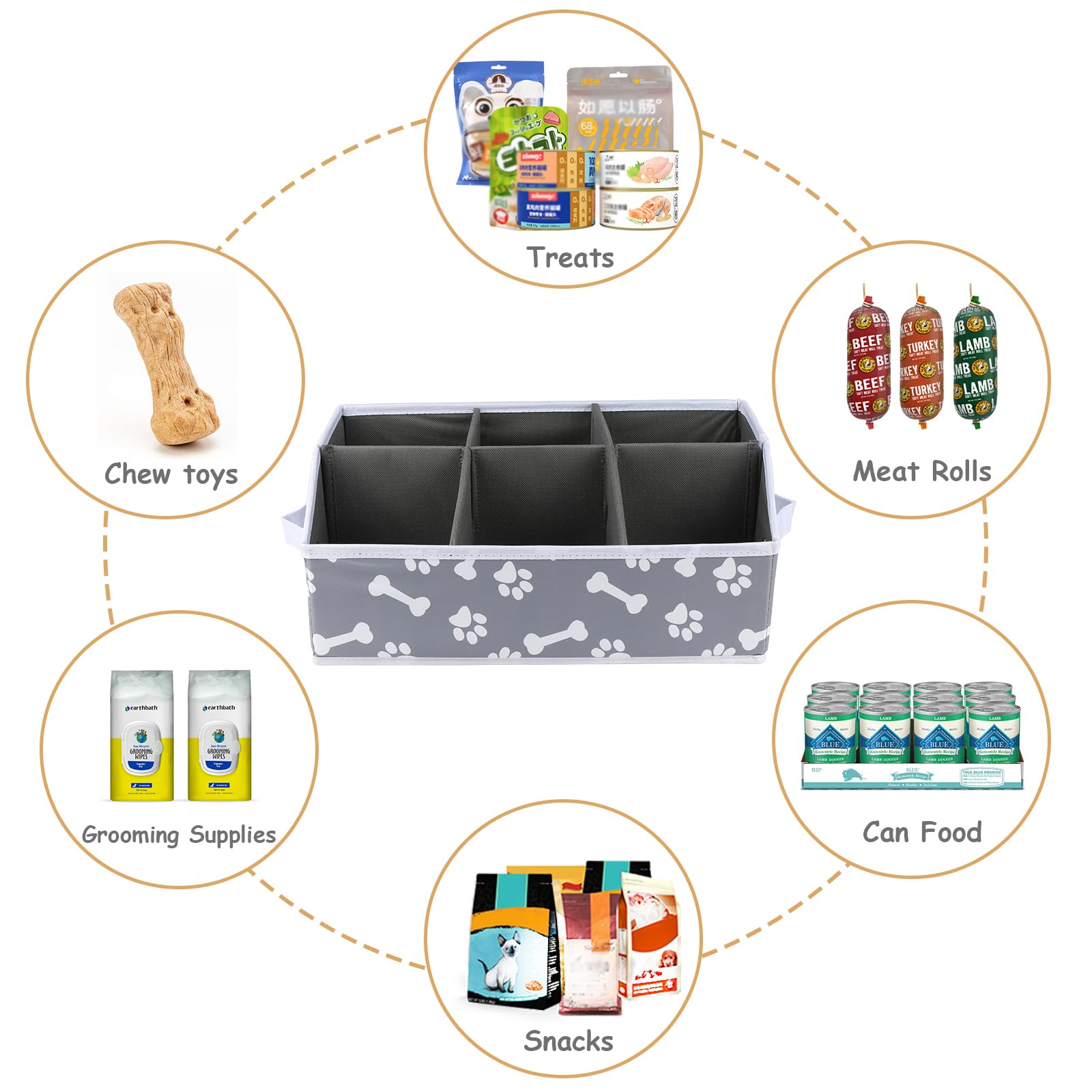 Brabtod six-compartment dog basket organizes snacks, toys, and chews efficiently.