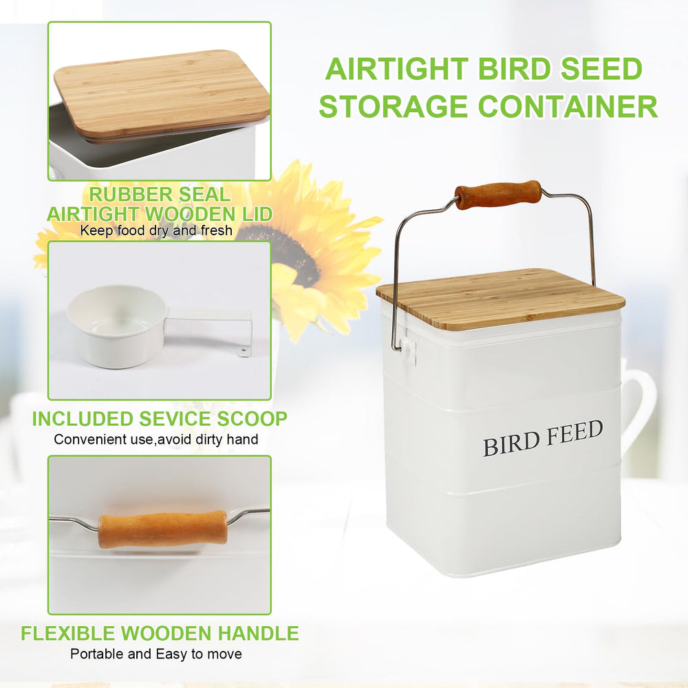 Brabtod Bird Seeds Storage Container wooden handle facilitates easy relocation.