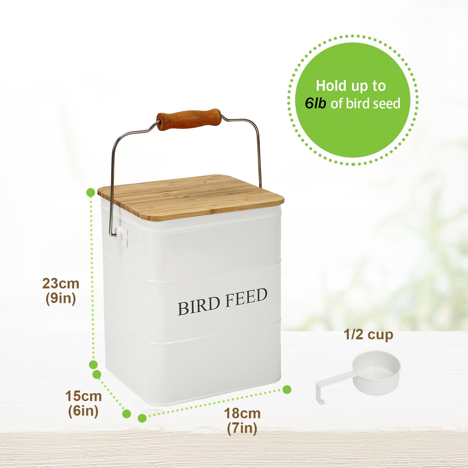 Brabtod Bird Seeds Storage Container shows scoop and inner organization for easy feeding.
