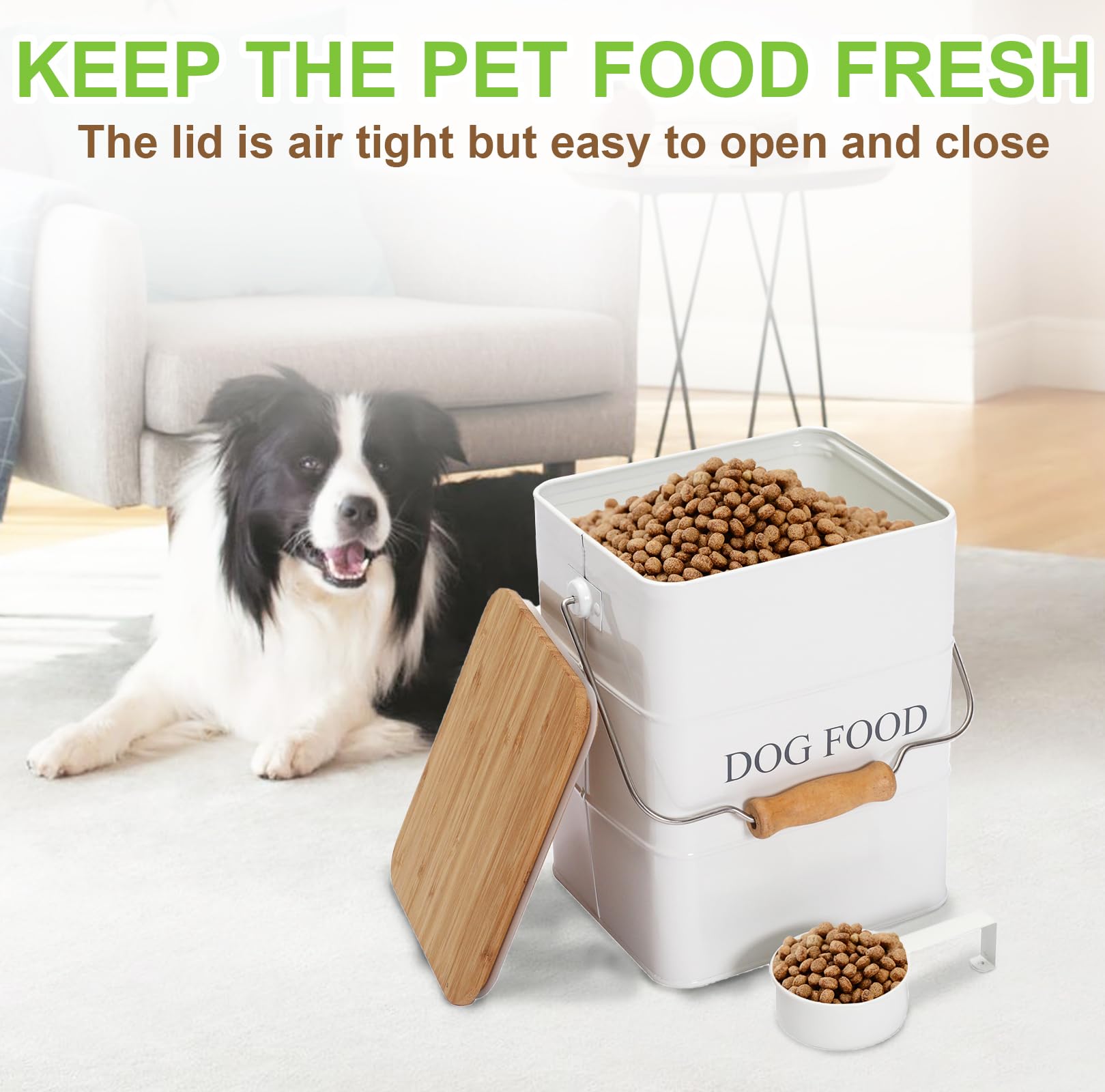 Brabtod dog food canister with wooden handle is easy to move